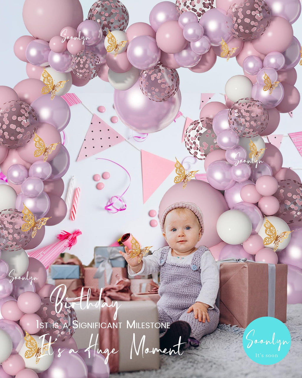 Soonlyn 13ft Butterfly Balloon Arch Kit - Pink Lilac Purple Rose Gold Confetti Balloons for Baby Shower Birthday