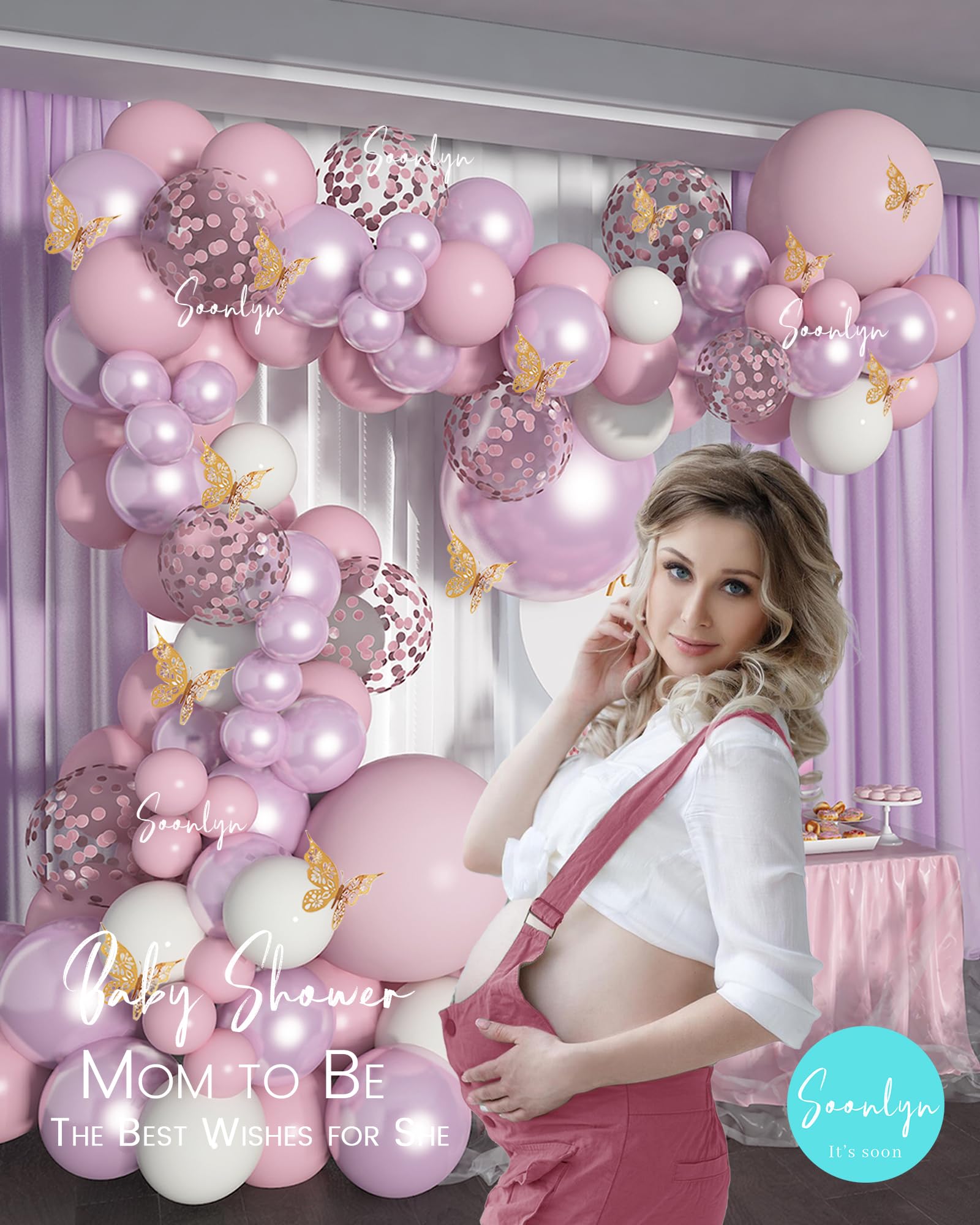 Soonlyn 13ft Butterfly Balloon Arch Kit - Pink Lilac Purple Rose Gold Confetti Balloons for Baby Shower Birthday