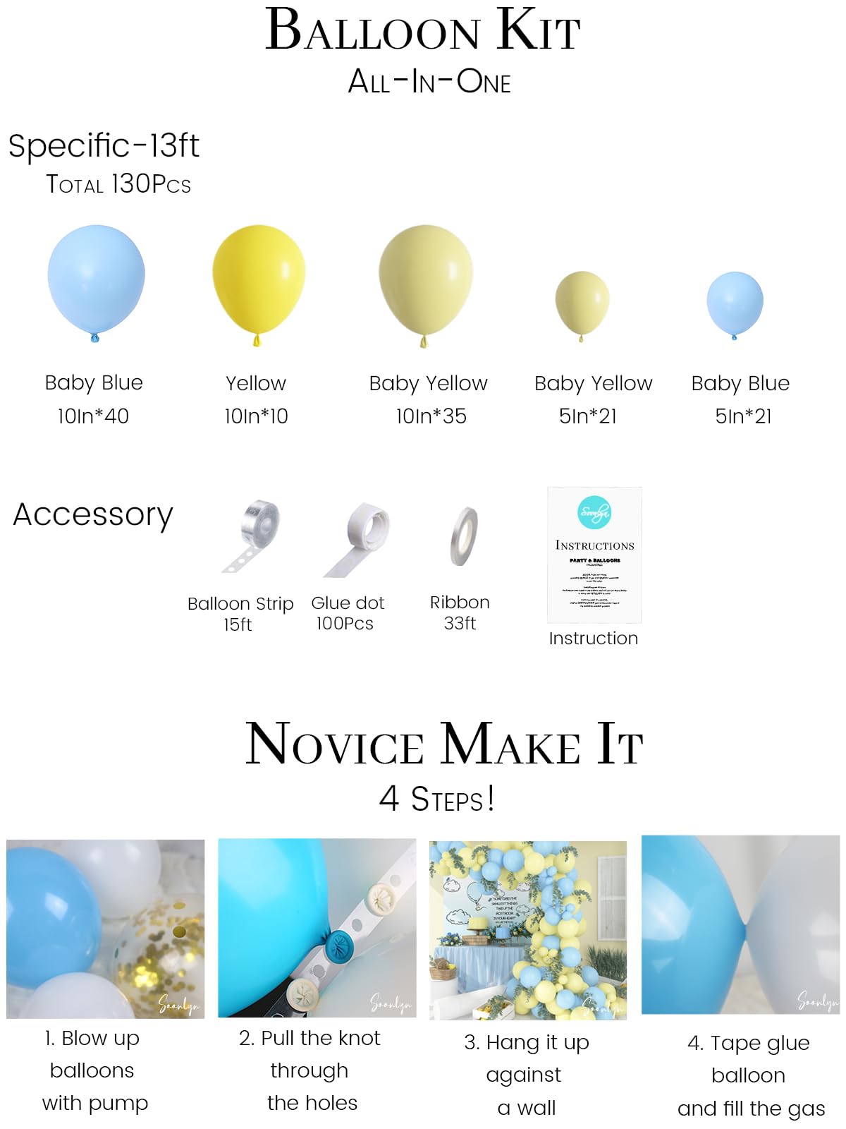 Soonlyn Blue Party Balloon Arch Kit – 13ft Baby Blue & Yellow Garland for Baby Shower or Boy Birthday