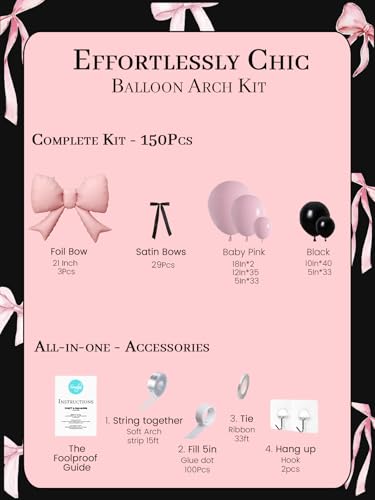 Soonlyn Pink Black Balloon Arch Kit 150pcs – Bows, Satin Ribbons, and Premium Latex for Birthdays & Bachelorettes