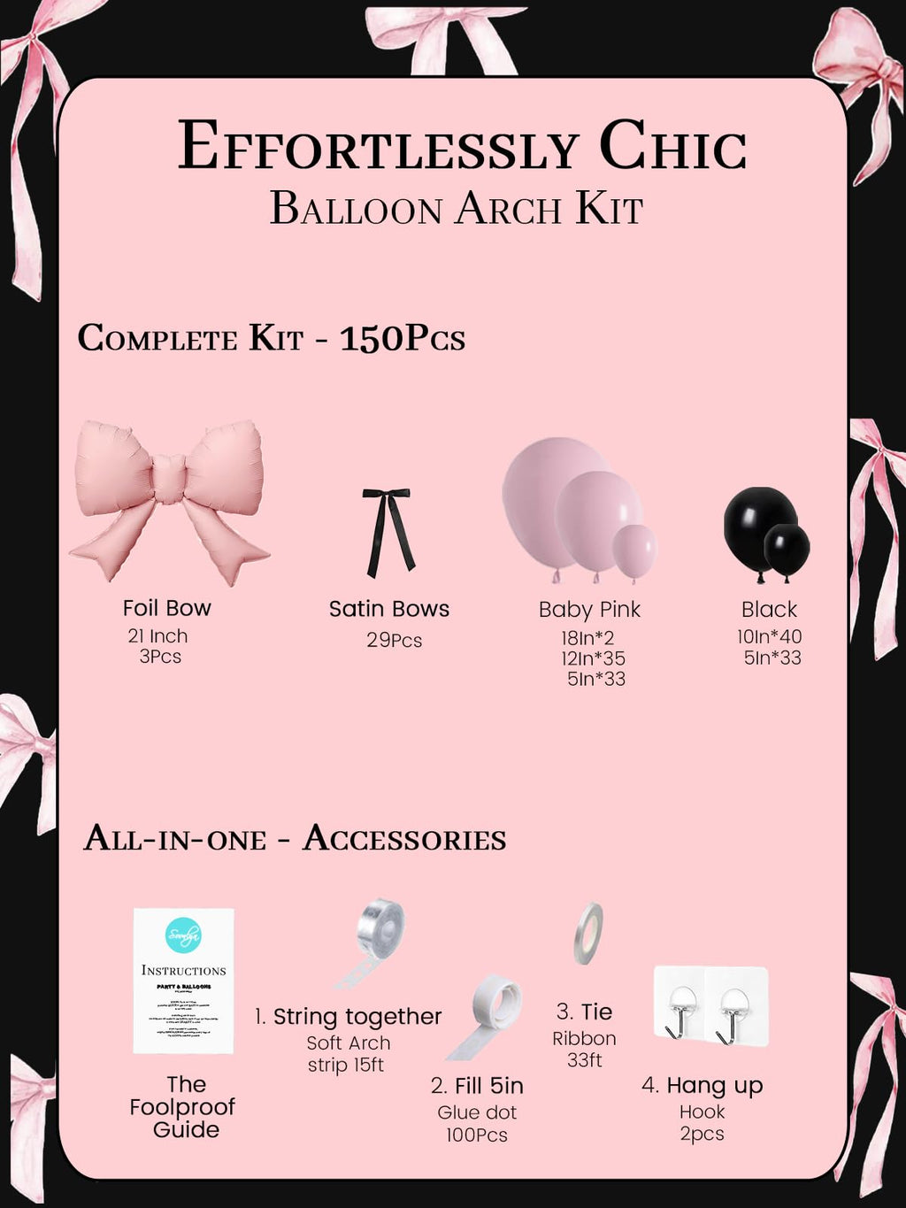 Soonlyn Pink Black Balloon Arch Kit 150pcs – Bows, Satin Ribbons, and Premium Latex for Birthdays & Bachelorettes