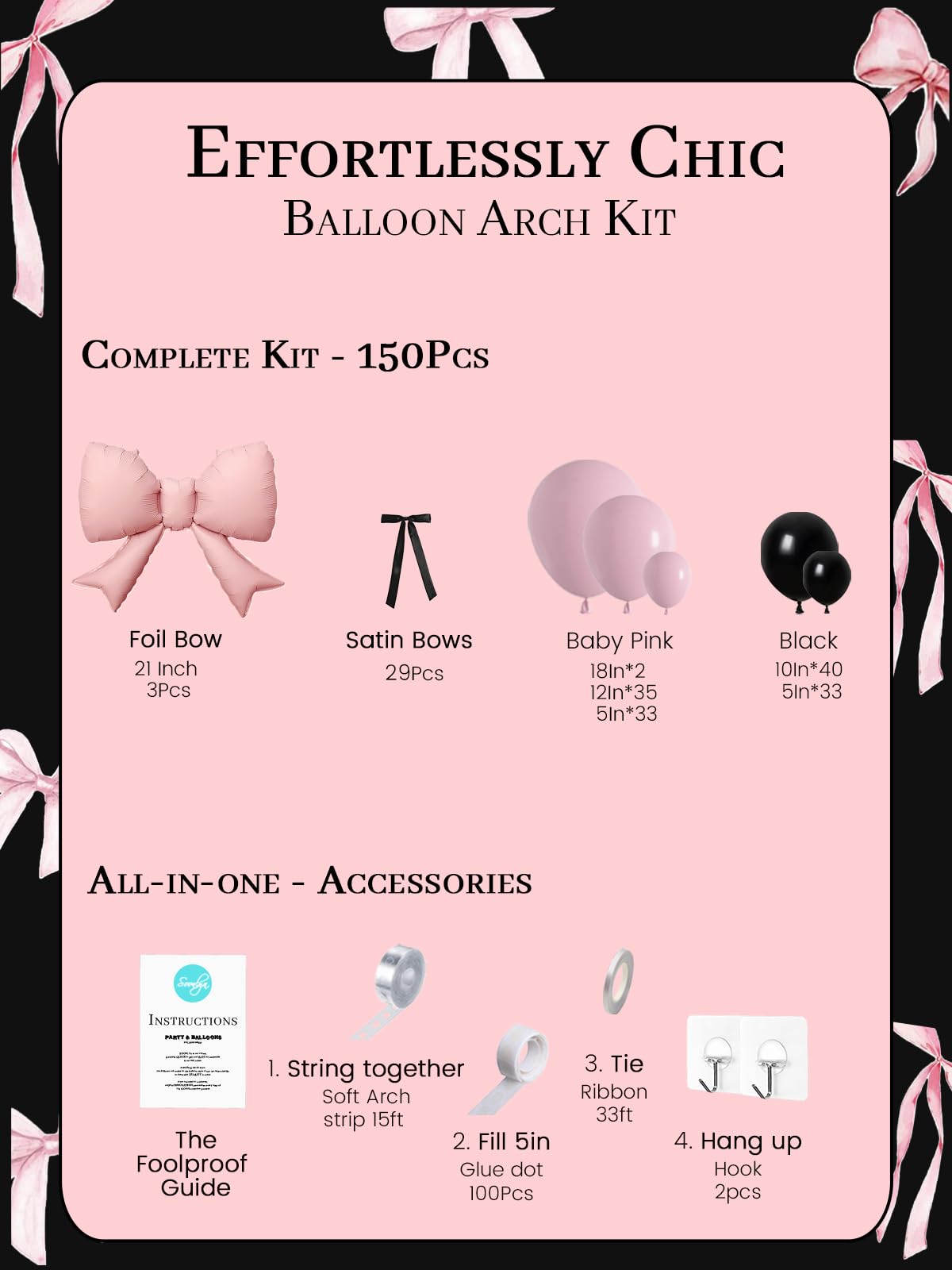 Soonlyn Pink Black Balloon Arch Kit 150pcs – Bows, Satin Ribbons, and Premium Latex for Birthdays & Bachelorettes