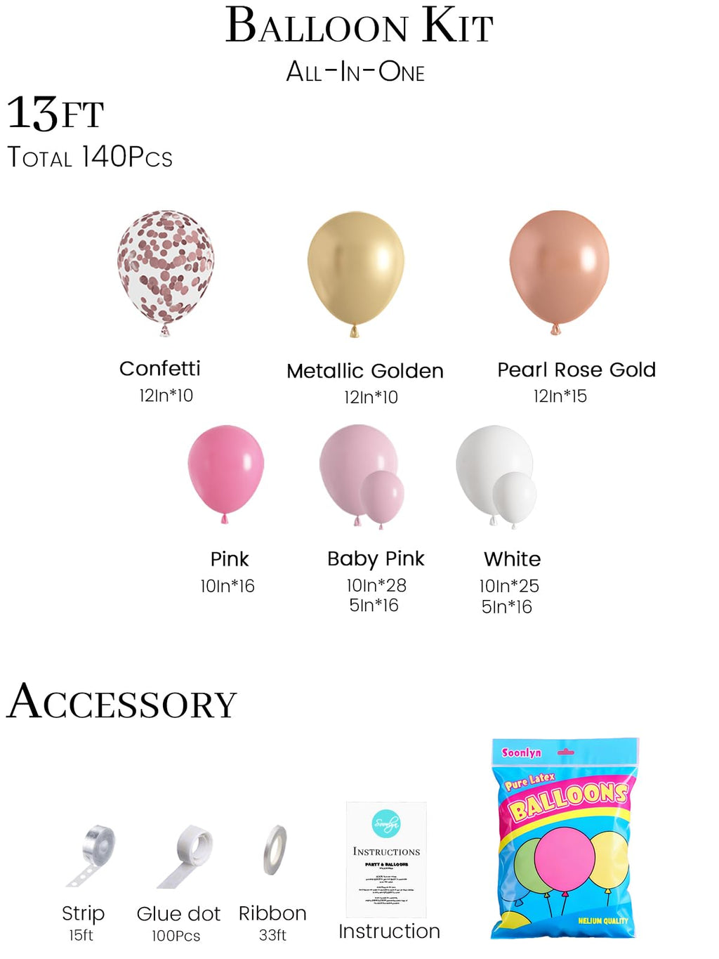 Soonlyn Rose Gold Balloon Kit – 125 Latex Balloons in Pink, Gold & White with Arch Accessories for Baby Showers & Bridal Showers