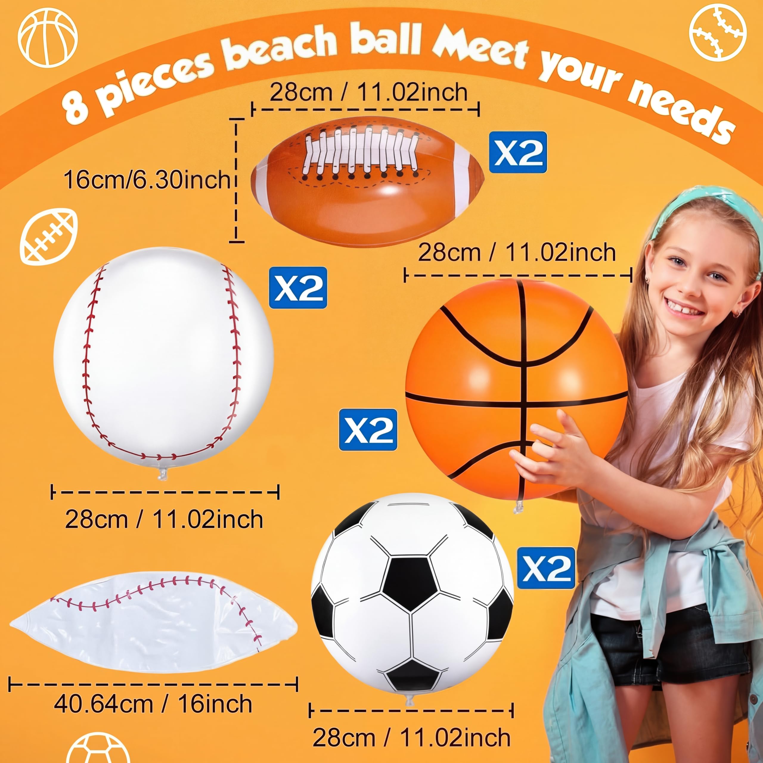 Sosation 8-Pack Inflatable Sports Balls – 16 Inch Beach Balls for Pool, Party & Outdoor Fun (4 Styles)