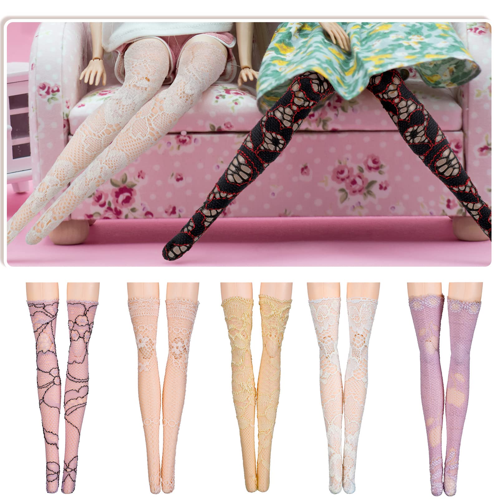 Sotiff 10 Pairs Handmade Doll Lace Stockings - Long Socks for 11.8-Inch Dolls, Classic Style Christmas Accessories for DIY Doll Clothes