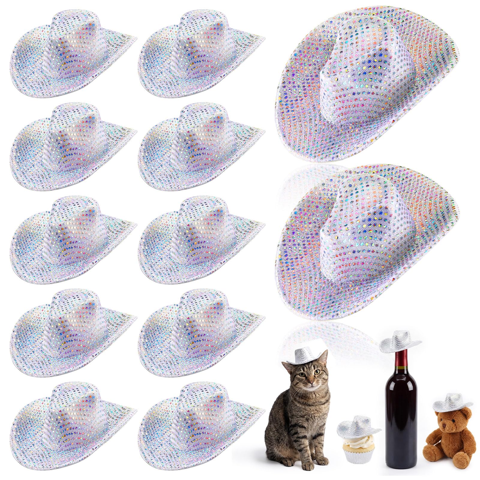 Sotiff 12-Pack Mini Disco Glitter Cowboy Hats for Crafts, Doll Decor, and Pet Gifts