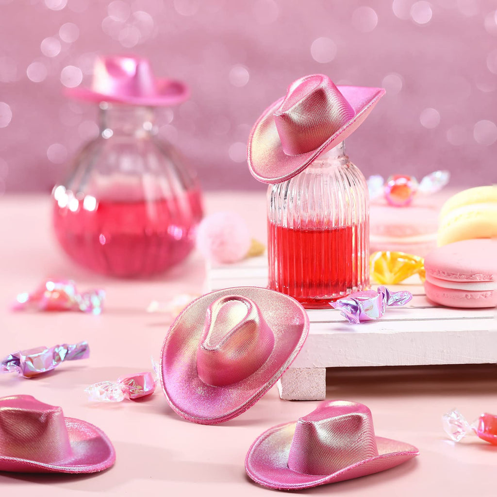 Sotiff Neon Pink Mini Cowboy Hats - 12 Pack Tiny Cowgirl Hats for Party Decor, Cupcake Toppers, Doll Accessories