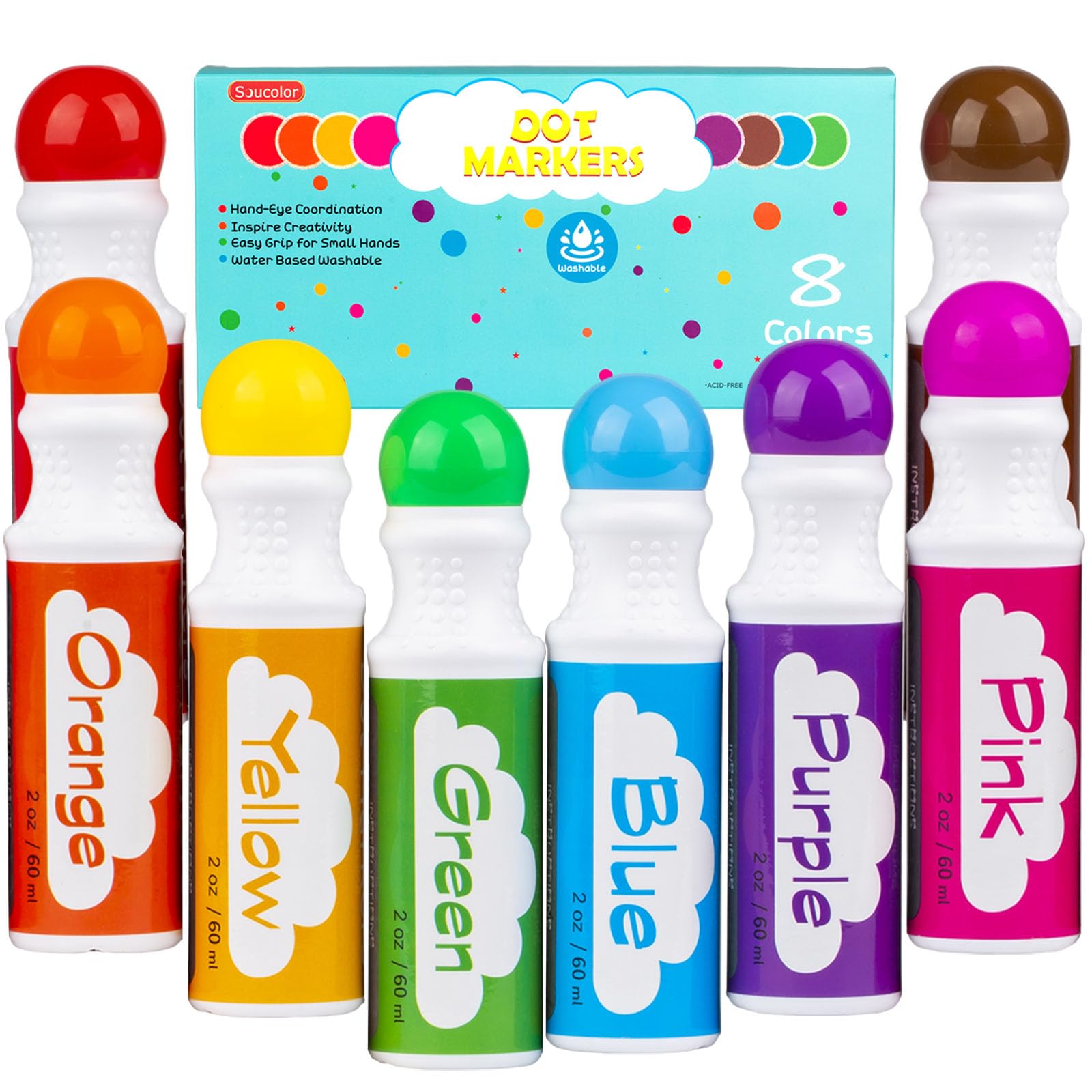 Soucolor 8-Color Washable Dot Markers for Toddlers - Non-Toxic Bingo Daubers