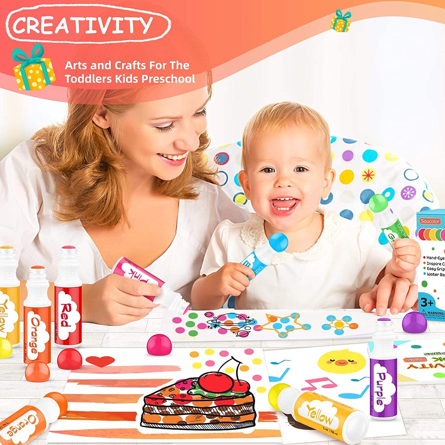 Soucolor 8-Color Washable Dot Markers for Toddlers - Non-Toxic Bingo Daubers