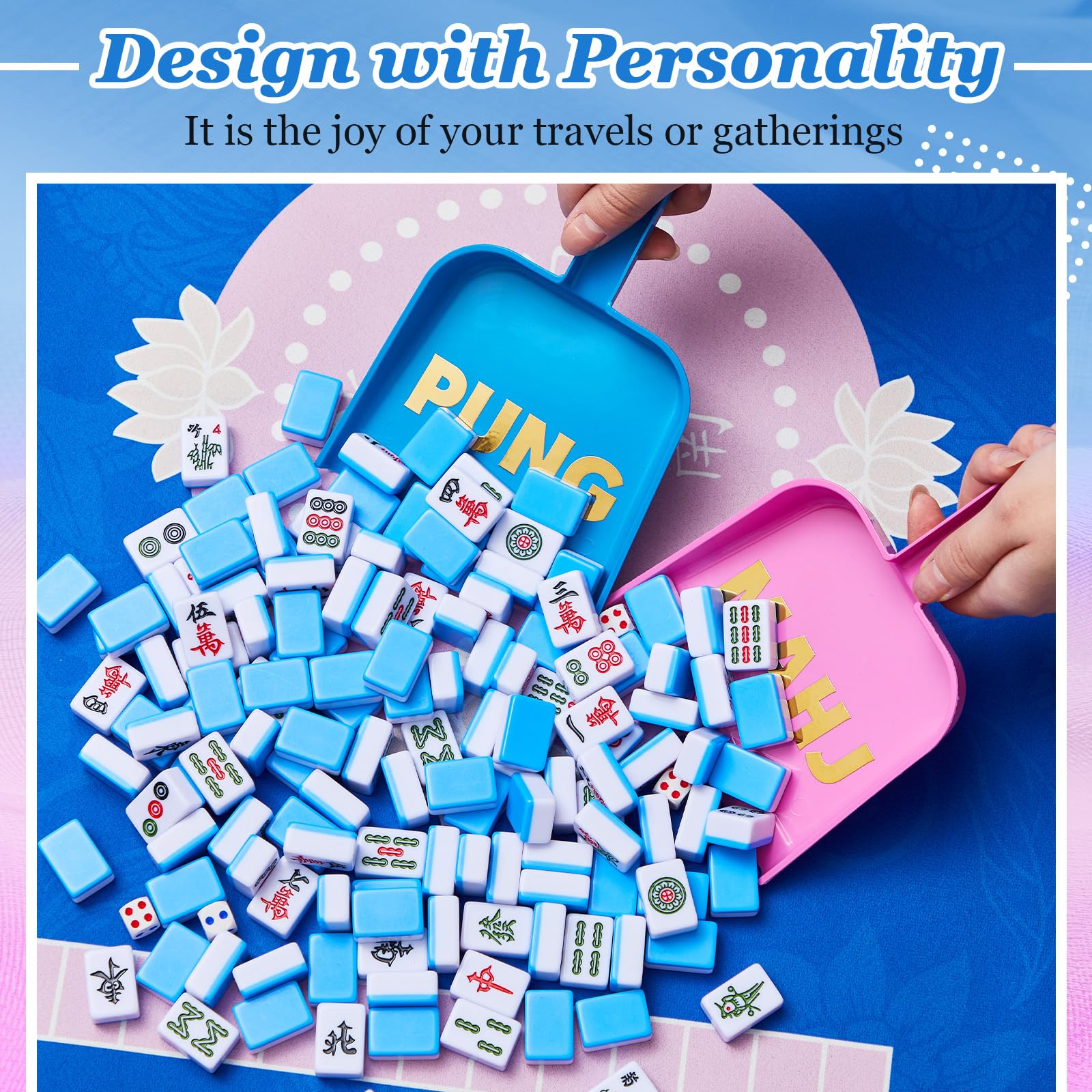 Soulchen 2-Piece Mahjong Tile Mixer Set with Stickers – Rose Red & Dark Blue