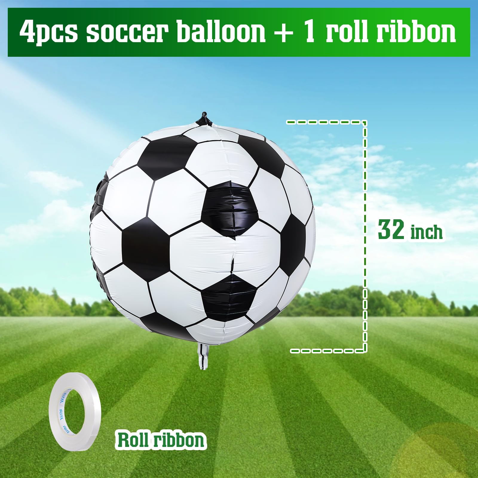 Soulchen 32 Inch 4D Soccer Ball Balloons – 4 Pack Large Metallic Foil Balloons for Sports Party Decorations