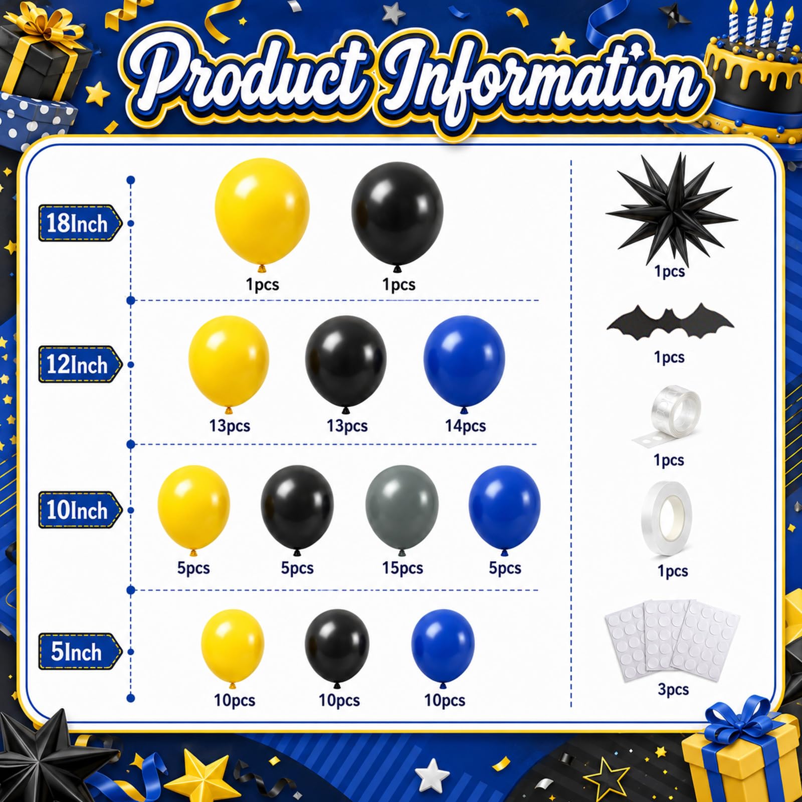 Sowide Balloon Arch Kit – 102 Latex Balloons in Yellow, Black, Grey, Navy Blue with Star Foil and Stickers