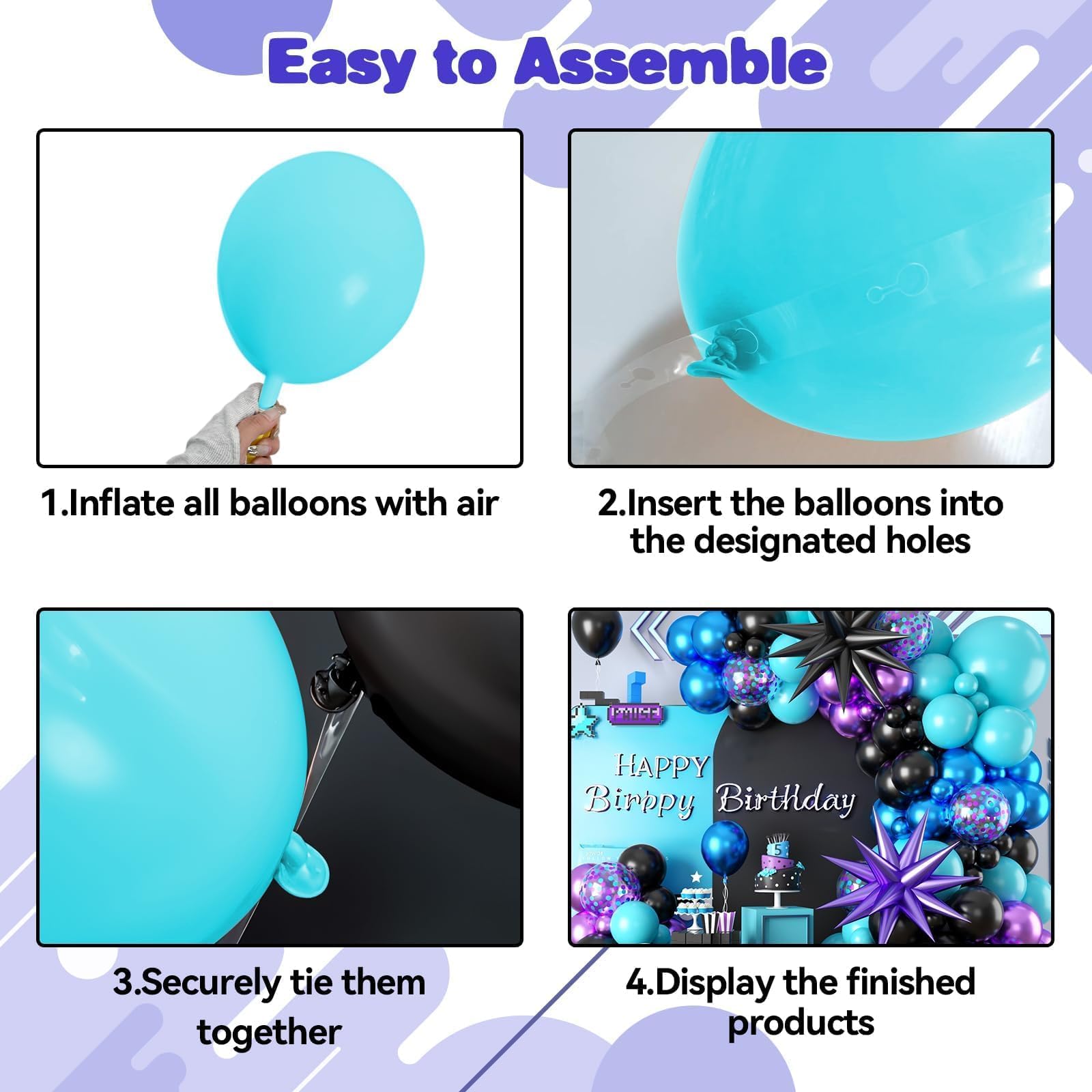 Sowide Teal Purple Black Balloon Arch Kit 107ct with Star Foil Balloons for Party Decor