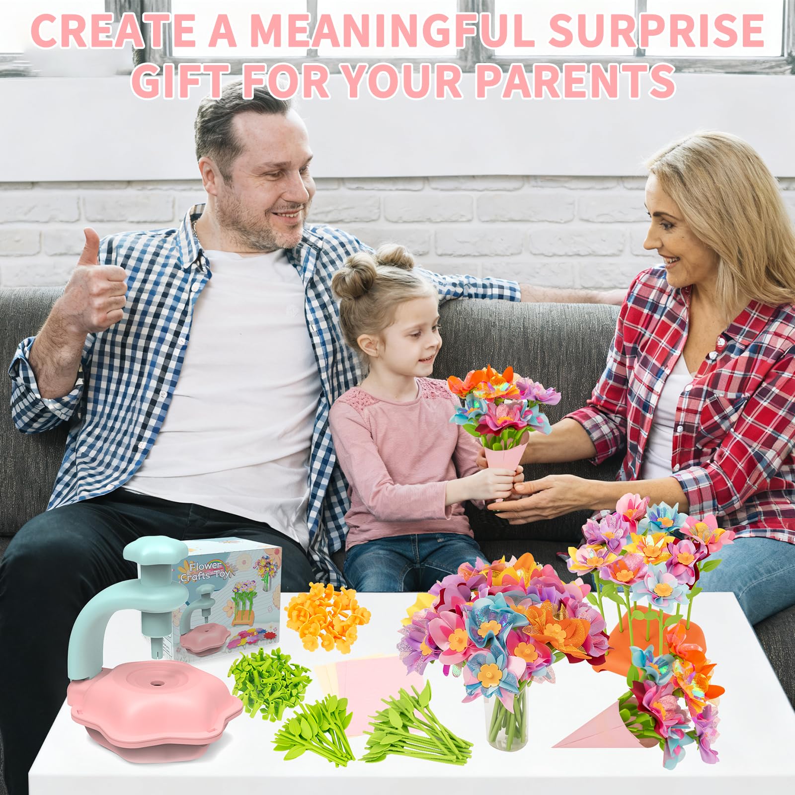 SOYUB Pink Flower Bouquet Craft Kit for Kids Ages 3-12 – Reusable DIY Arts & Crafts Set with 100+ Pieces
