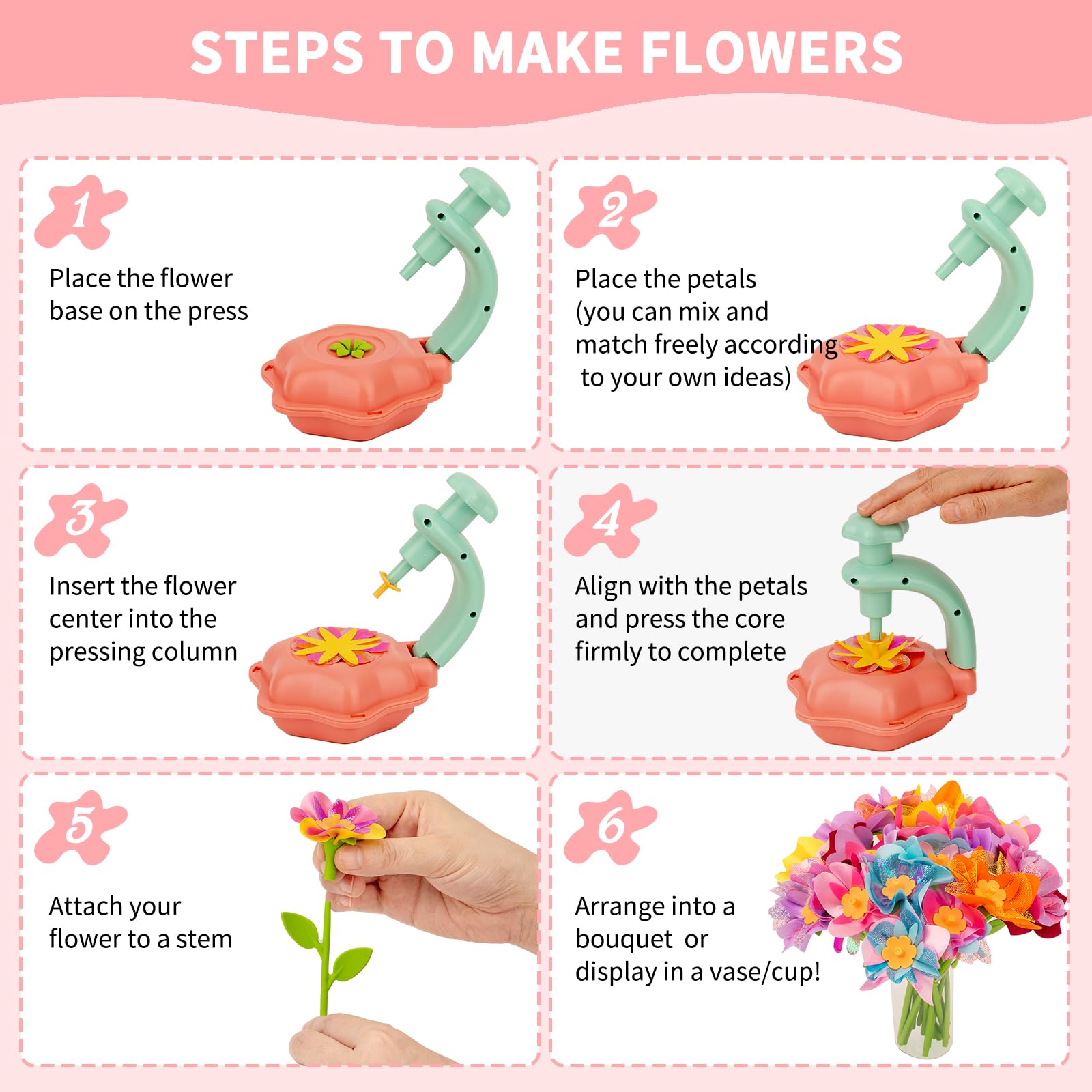 SOYUB Pink Flower Bouquet Craft Kit for Kids Ages 3-12 – Reusable DIY Arts & Crafts Set with 100+ Pieces