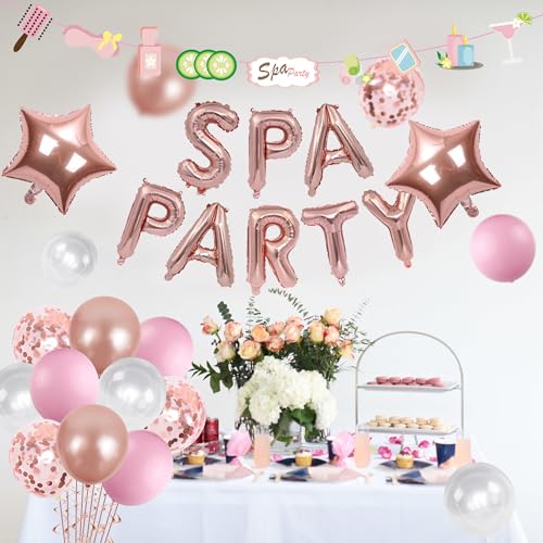 Spa Party Balloon Garland Banner Set - 39 Rose Gold & Pink Foil Confetti Balloons for Birthdays, Sleepovers, and Bridal Showers
