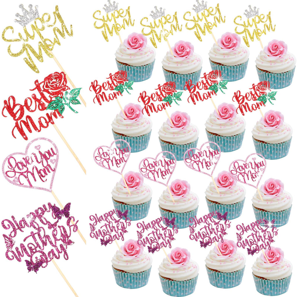 Spakon 60-Pack Glitter Mother's Day Cupcake Toppers – Happy Mother's Day, Best Mom, Love You Mom, Super Mom Designs