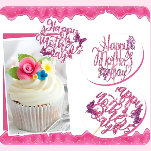 Spakon 60-Pack Glitter Mother's Day Cupcake Toppers – Happy Mother's Day, Best Mom, Love You Mom, Super Mom Designs