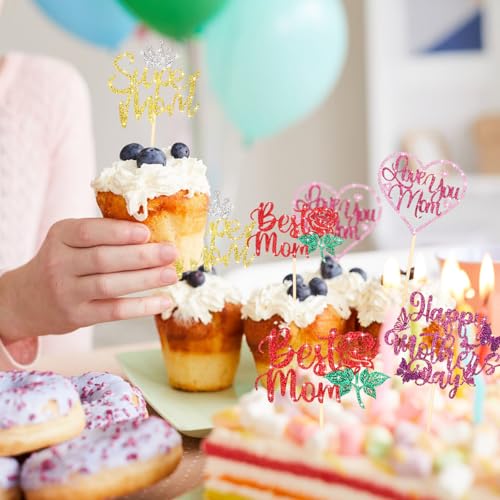 Spakon 60-Pack Glitter Mother's Day Cupcake Toppers – Happy Mother's Day, Best Mom, Love You Mom, Super Mom Designs