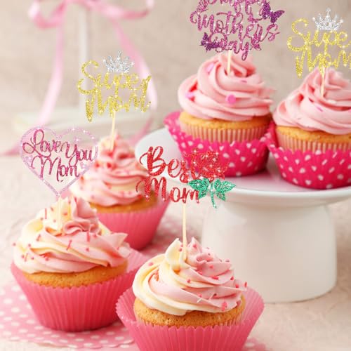 Spakon 60-Pack Glitter Mother's Day Cupcake Toppers – Happy Mother's Day, Best Mom, Love You Mom, Super Mom Designs