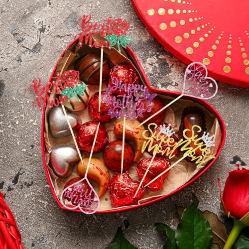 Spakon 60-Pack Glitter Mother's Day Cupcake Toppers – Happy Mother's Day, Best Mom, Love You Mom, Super Mom Designs