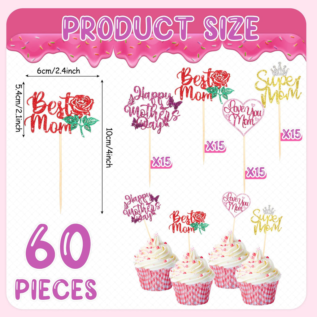 Spakon 60-Pack Glitter Mother's Day Cupcake Toppers – Happy Mother's Day, Best Mom, Love You Mom, Super Mom Designs
