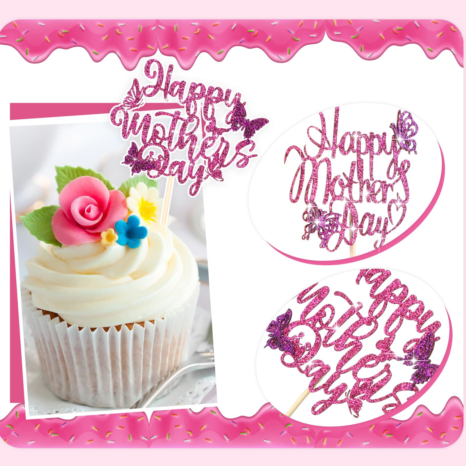 Spakon 60-Pack Glitter Mother's Day Cupcake Toppers – Happy Mother's Day, Best Mom, Love You Mom, Super Mom Designs