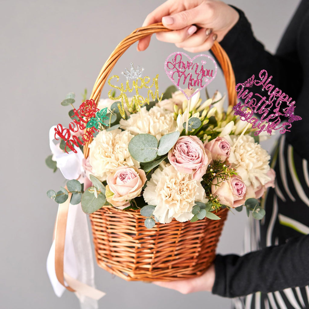 Spakon 60-Pack Glitter Mother's Day Cupcake Toppers – Happy Mother's Day, Best Mom, Love You Mom, Super Mom Designs