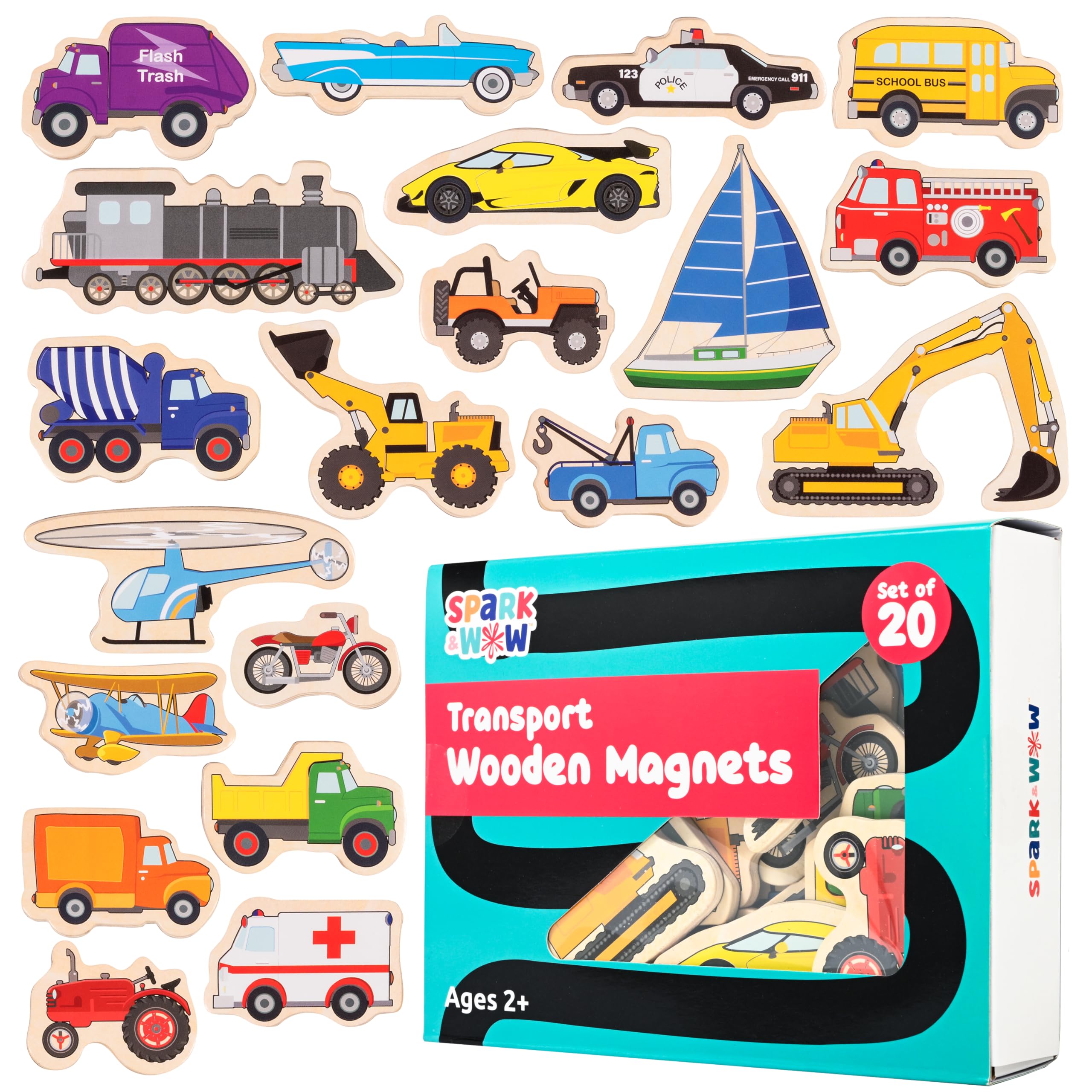SPARK & WOW Transport Wooden Magnets – 20 Vehicle Magnets for Kids Ages 2+