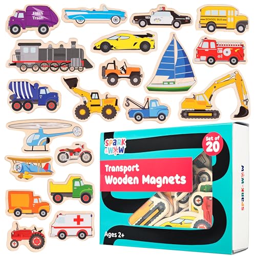 SPARK & WOW Transport Wooden Magnets – 20 Vehicle Magnets for Kids Ages 2+