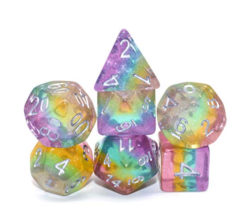 Sparkly Rainbow Glitter Dice Set – 7-Piece Polyhedral Dice for D&D, RPG, MTG, Pathfinder