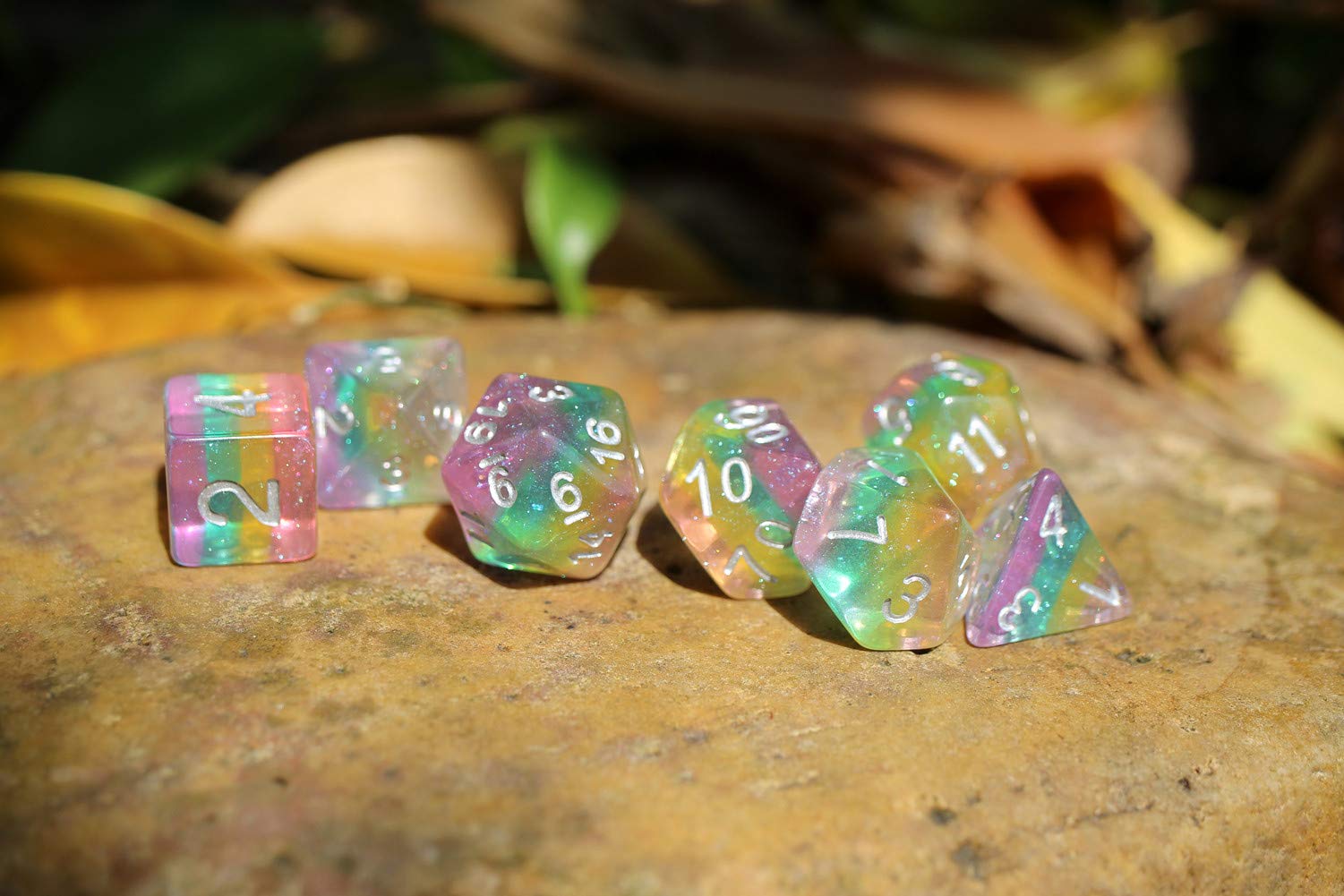 Sparkly Rainbow Glitter Dice Set – 7-Piece Polyhedral Dice for D&D, RPG, MTG, Pathfinder