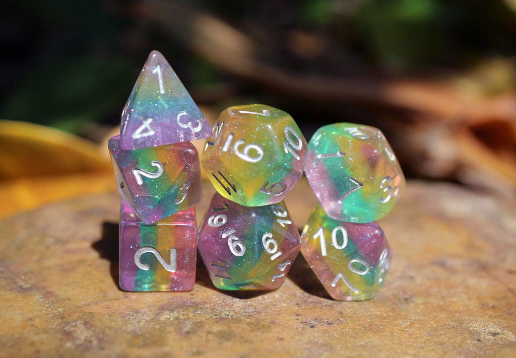 Sparkly Rainbow Glitter Dice Set – 7-Piece Polyhedral Dice for D&D, RPG, MTG, Pathfinder