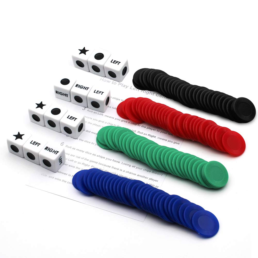 Spidfee Left Right Center Dice Game Set (4 Pack) - 12 Dice & 144 Chips for Groups