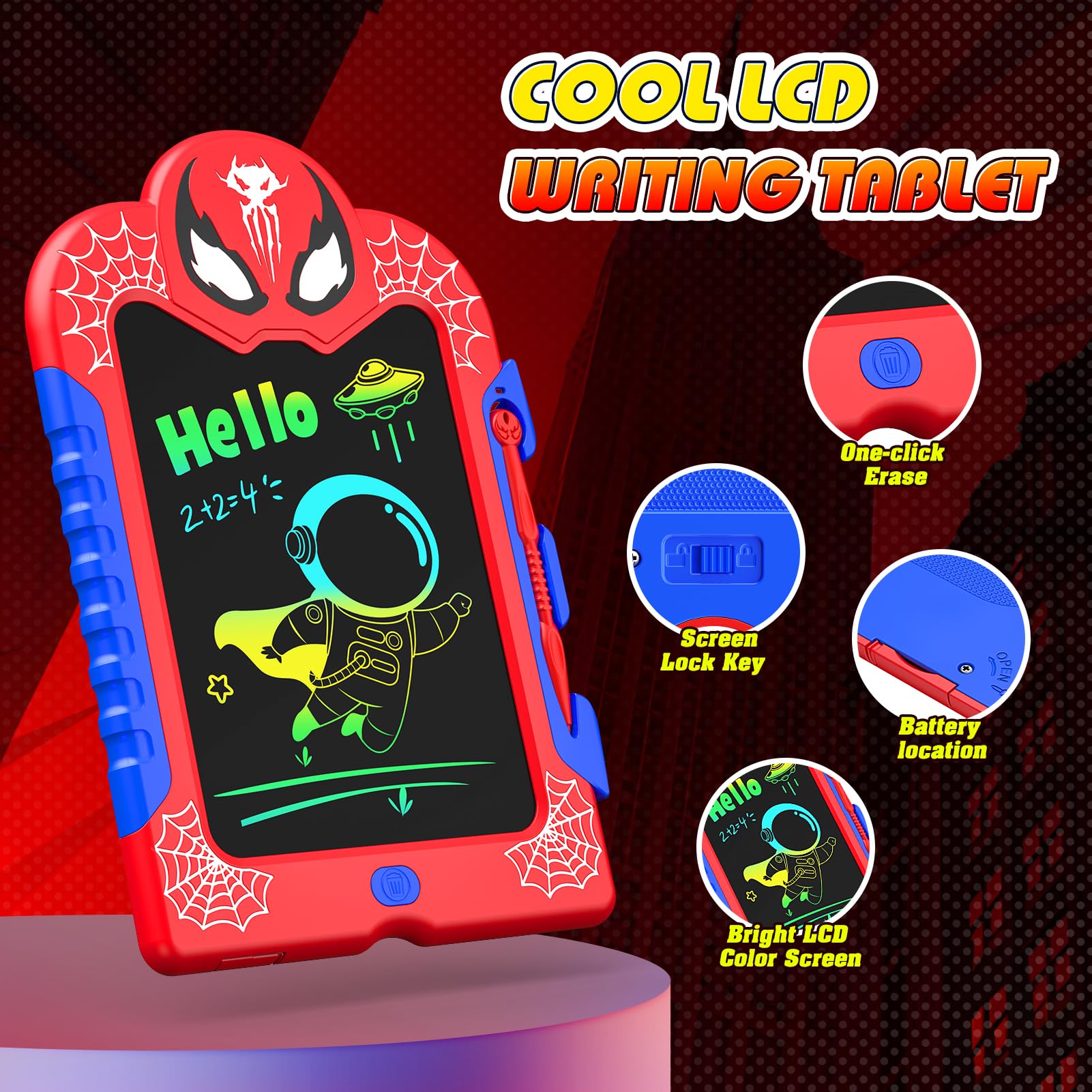 Spidolapse 8.5-Inch LCD Writing Tablet for Kids – Colorful Doodle Board with Erase Lock, Red