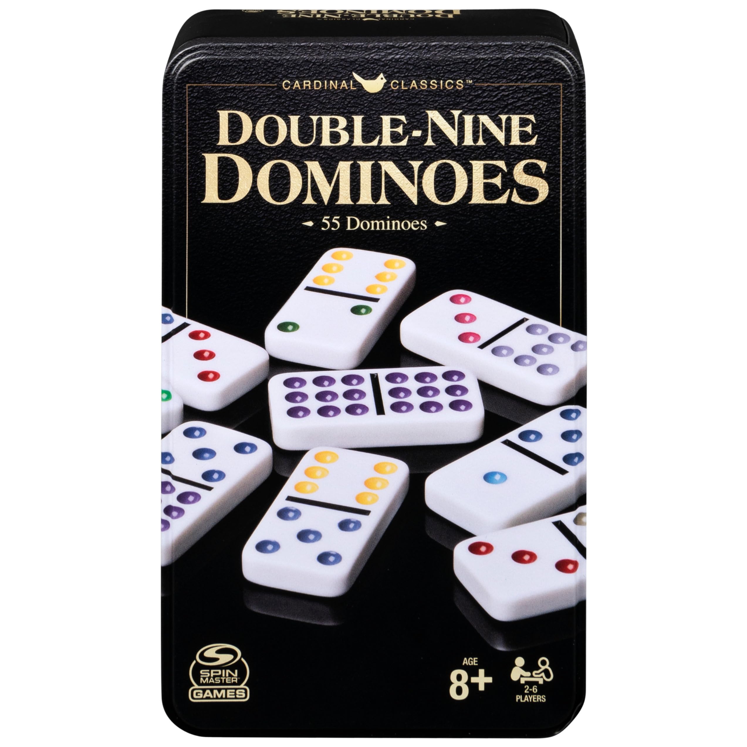 Spin Master Double Nine Dominoes Set – Color-Dot Dominoes in Storage Tin, for 2-6 Players, Ages 8+