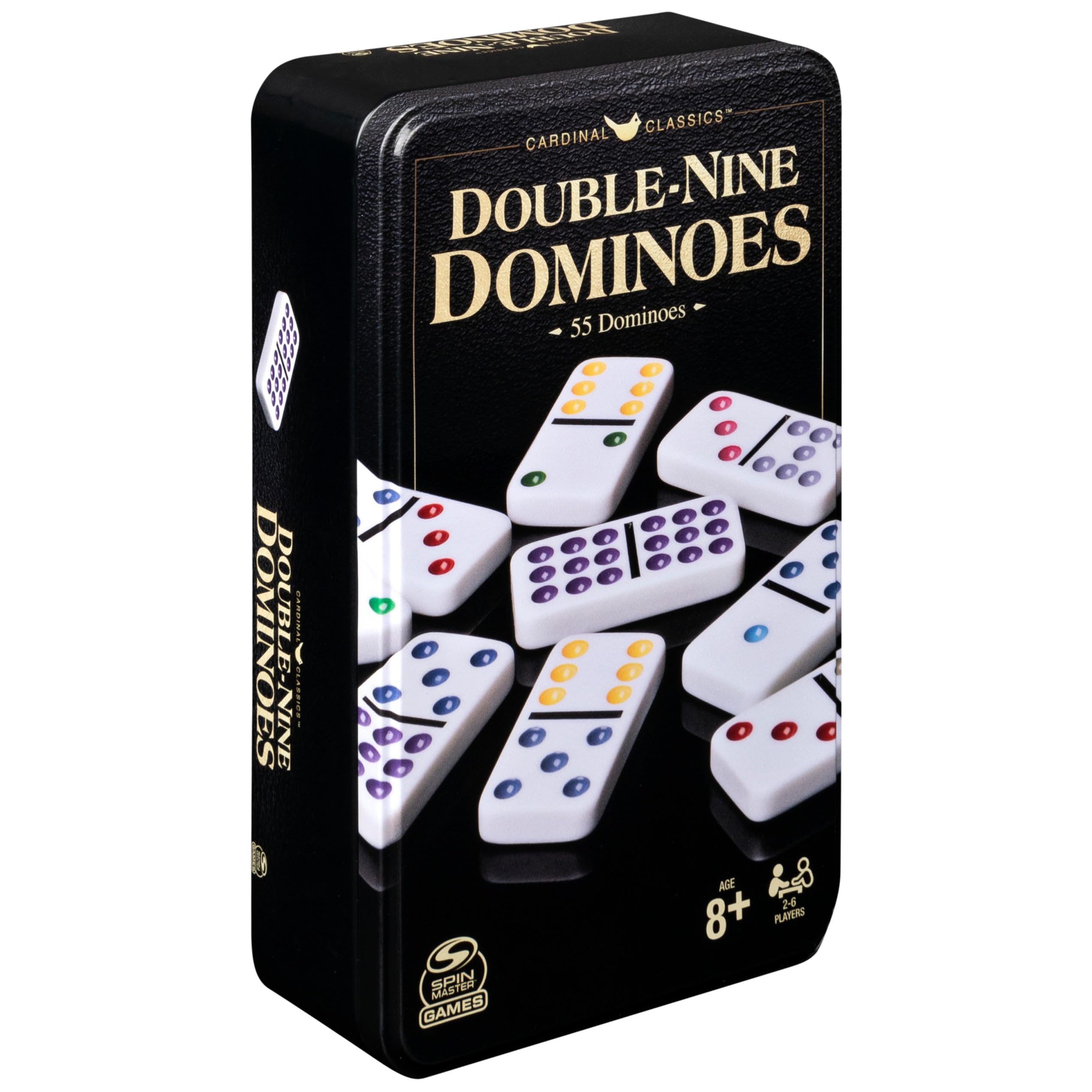 Spin Master Double Nine Dominoes Set – Color-Dot Dominoes in Storage Tin, for 2-6 Players, Ages 8+
