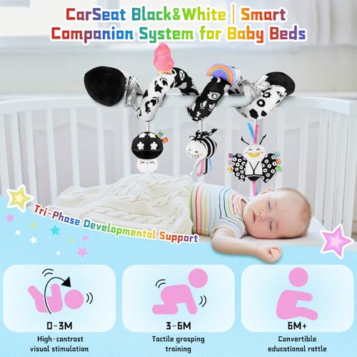 Spiral Car Seat Toy for Babies 0-6 Months – High Contrast Black and White Sensory Toy with Detachable Crinkle, Jingling, and Rattle Toys