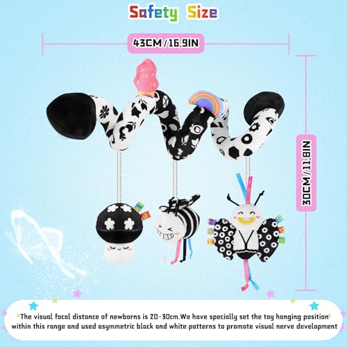 Spiral Car Seat Toy for Babies 0-6 Months – High Contrast Black and White Sensory Toy with Detachable Crinkle, Jingling, and Rattle Toys