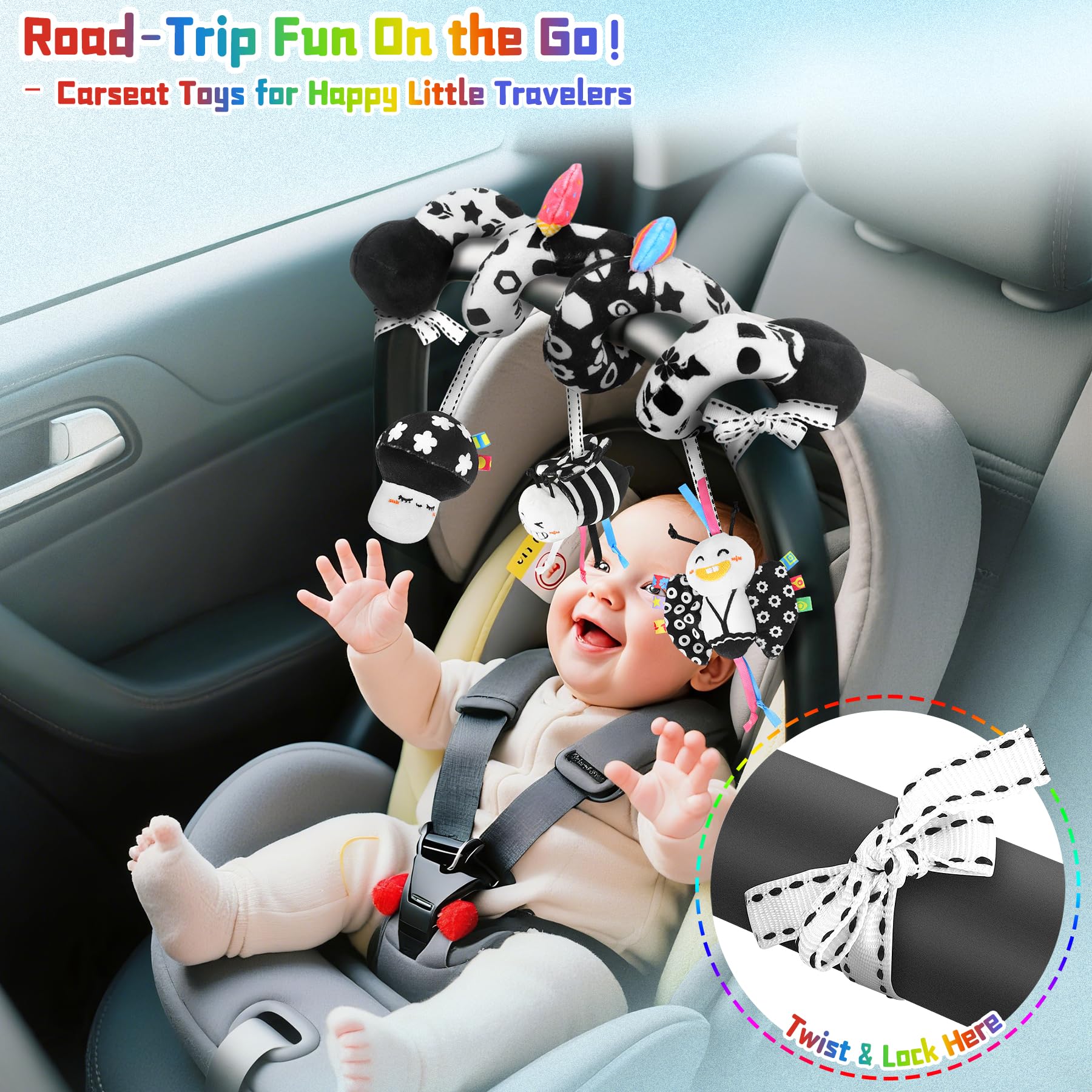 Spiral Car Seat Toy for Babies 0-6 Months – High Contrast Black and White Sensory Toy with Detachable Crinkle, Jingling, and Rattle Toys