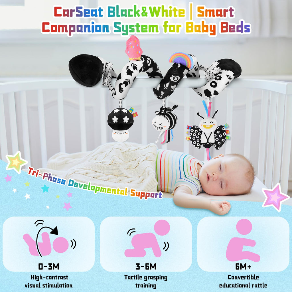 Spiral Car Seat Toy for Babies 0-6 Months – High Contrast Black and White Sensory Toy with Detachable Crinkle, Jingling, and Rattle Toys
