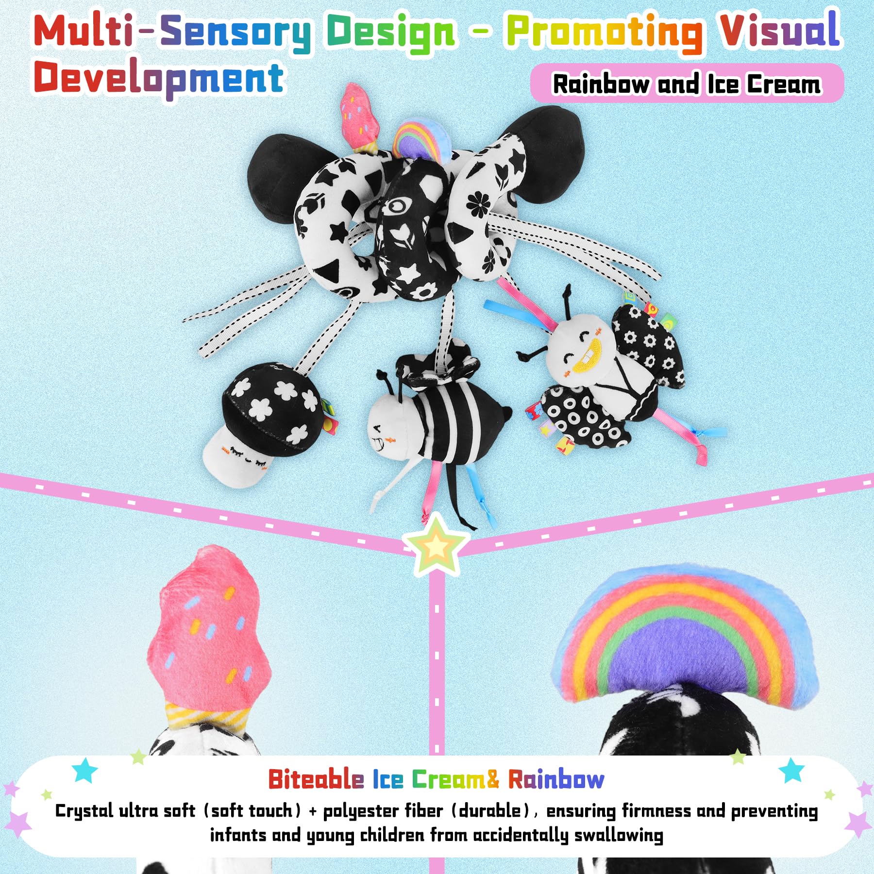 Spiral Car Seat Toy for Babies 0-6 Months – High Contrast Black and White Sensory Toy with Detachable Crinkle, Jingling, and Rattle Toys