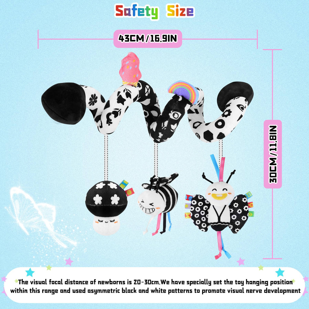 Spiral Car Seat Toy for Babies 0-6 Months – High Contrast Black and White Sensory Toy with Detachable Crinkle, Jingling, and Rattle Toys
