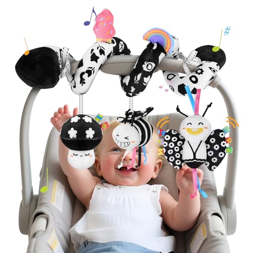 Spiral Car Seat Toy for Babies 0-6 Months – High Contrast Black and White Sensory Toy with Detachable Crinkle, Jingling, and Rattle Toys