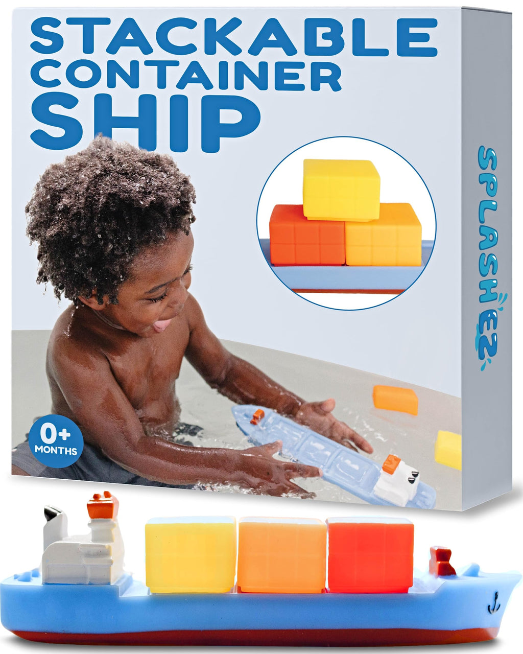 SplashEZ Mold Free Bath Toy Boat – 13-Inch Hole-Less Cargo Ship with Stacking Blocks for Toddlers