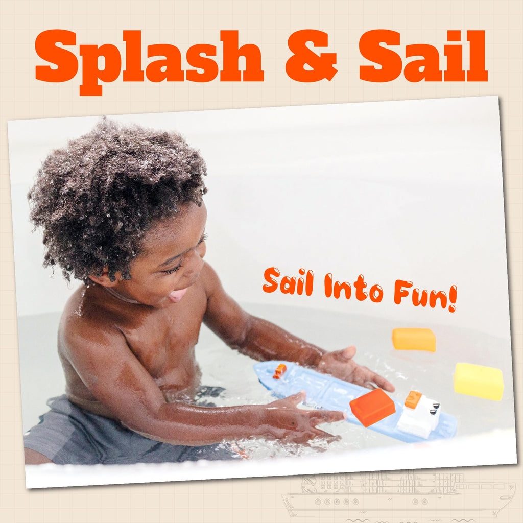 SplashEZ Mold Free Bath Toy Boat – 13-Inch Hole-Less Cargo Ship with Stacking Blocks for Toddlers