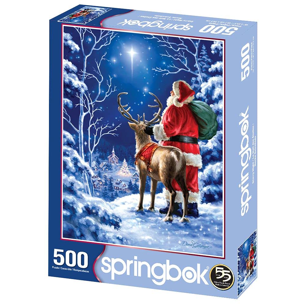 Springbok Starry Night 500 Piece Jigsaw Puzzle – Santa and Reindeer Holiday Scene
