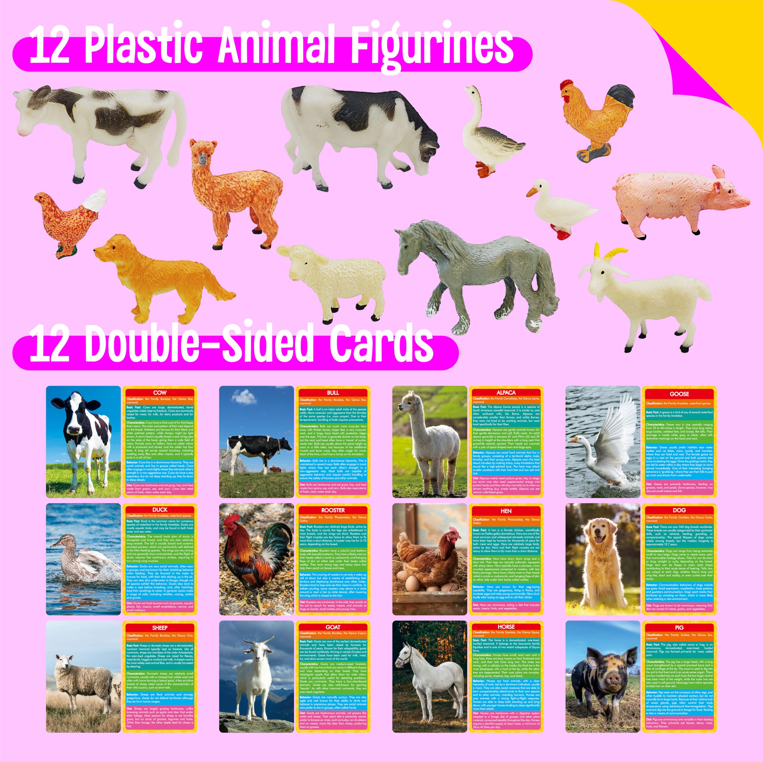 SpriteGru 12 Farm Animal Figurines with Flashcards - Montessori Matching Game for Toddlers