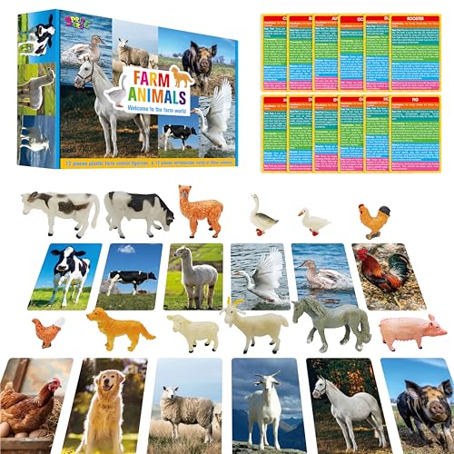 SpriteGru 12 Farm Animal Figurines with Flashcards - Montessori Matching Game for Toddlers