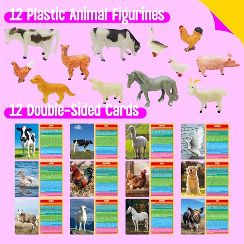 SpriteGru 12 Farm Animal Figurines with Flashcards - Montessori Matching Game for Toddlers